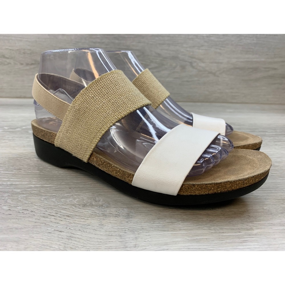 Munro Women's Walking Fit Wedge Sandals White Tan Elastic Straps 9 N Shoes
